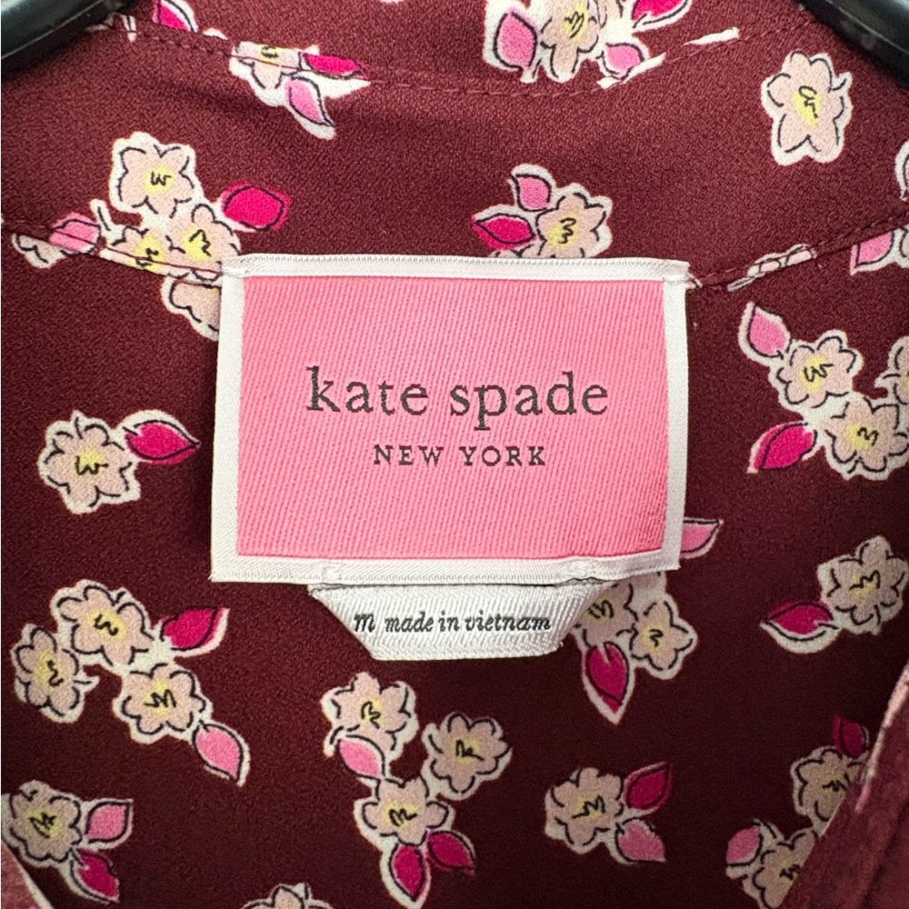 Kate Spade NY Floral Puff Sleeve Drop Waist Mini Dress Burgundy Pink M - Picture 2 of 3
